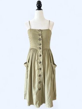 Forever 21 Green Linen Peasant Midi Dress Cottagecore Boho Size S